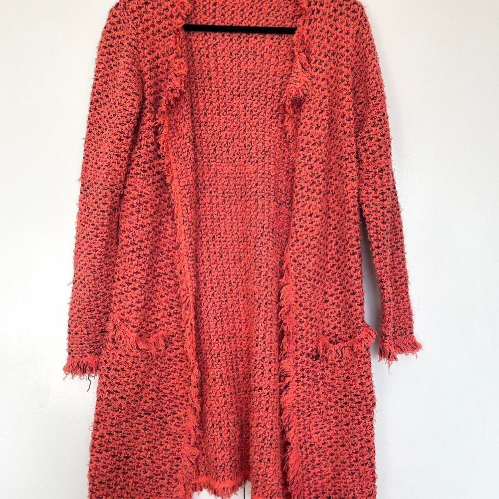 Peach pink fuzzy knit tweed long boho twee cardigan with black accents | Size M - Picture 3 of 7